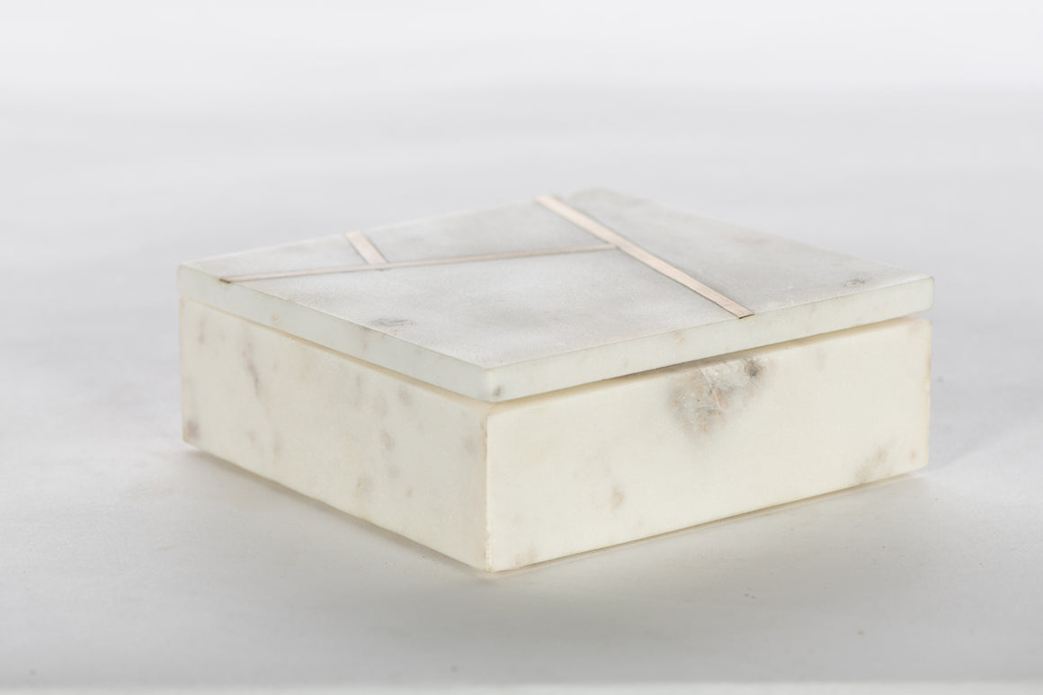 Step Square White Marble Brass Box